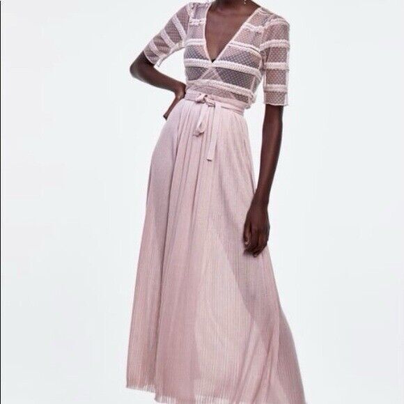 Zara Knit & Lace Wrap Long Dress Women's Size Small Blush Pink‎ Ribbed V-Neck - Picture 1 of 13